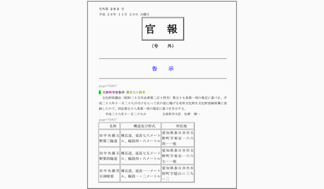 登録文化財告示の官報